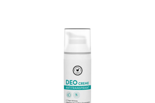 Eine wei&szlig;e Flasche mit Deodorant-Creme, beschriftet mit &bdquo;DEO CREME ANTITRANSPIRANT&ldquo;, mit t&uuml;rkisfarbenen Akzenten und einem Pumpspender. Auf dem Etikett werden eine 7-Tage-Wirkung und Grapefruitkernextrakt angegeben.