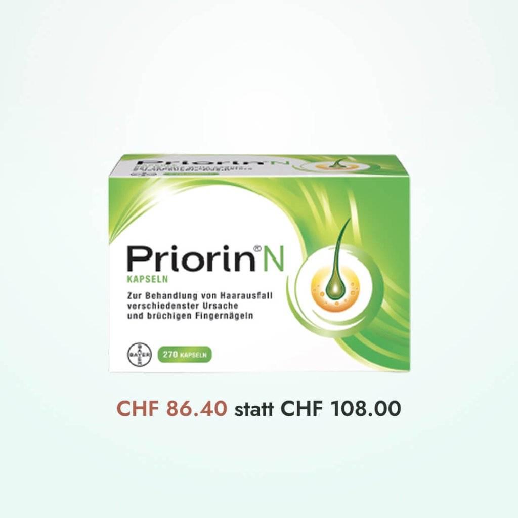 Eine Packung Priorin N-Kapseln mit deutscher Beschriftung zum Preis von 86,40 CHF, reduziert von 108,00 CHF. Die grün-weiße Verpackung ist mit einer Tropfen-Grafik versehen und wird zur besseren Übersichtlichkeit neben den GLY-CORAMIN-Lutschtabletten 125 mg präsentiert.