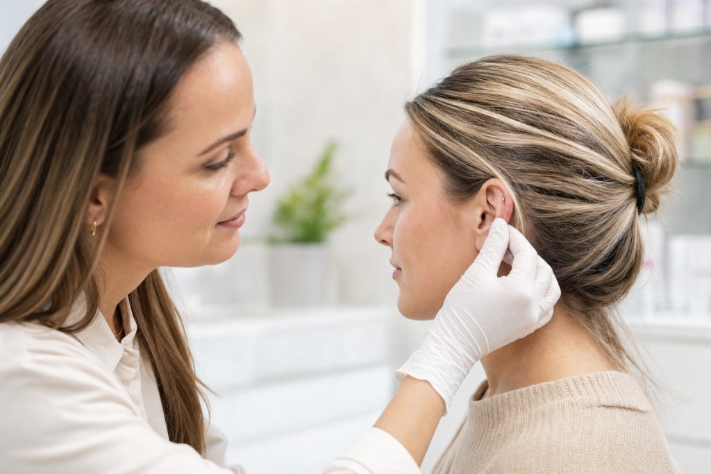 Eine Fachperson pr&uuml;ft bei einer Kundin behutsam den Bereich rund um ein Helix-Piercing.