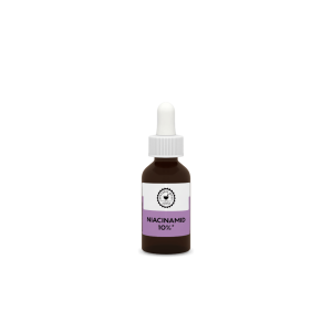Eine kleine braune Tropfflasche mit der Aufschrift &bdquo;Niacinamid 10 %&ldquo;, einem wei&szlig;en Verschluss und einem violetten Etikett, die aufrecht vor einem schlichten wei&szlig;en Hintergrund steht &ndash; ideal f&uuml;r alle, die ihre eigene Kosmetiklinie erweitern m&ouml;chten, oder f&uuml;r die Pr&auml;sentation in der Apotheke.