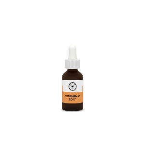 Eine braune Tropfflasche aus Glas mit der Aufschrift &bdquo;Vitamin C 20 %&ldquo;, einem wei&szlig;en Verschluss und einem orangefarbenen Etikett, die aufrecht auf einem wei&szlig;en Hintergrund steht &ndash; ideal f&uuml;r alle, die ihre eigene Kosmetiklinie oder Apothekenkollektion aufwerten m&ouml;chten.
