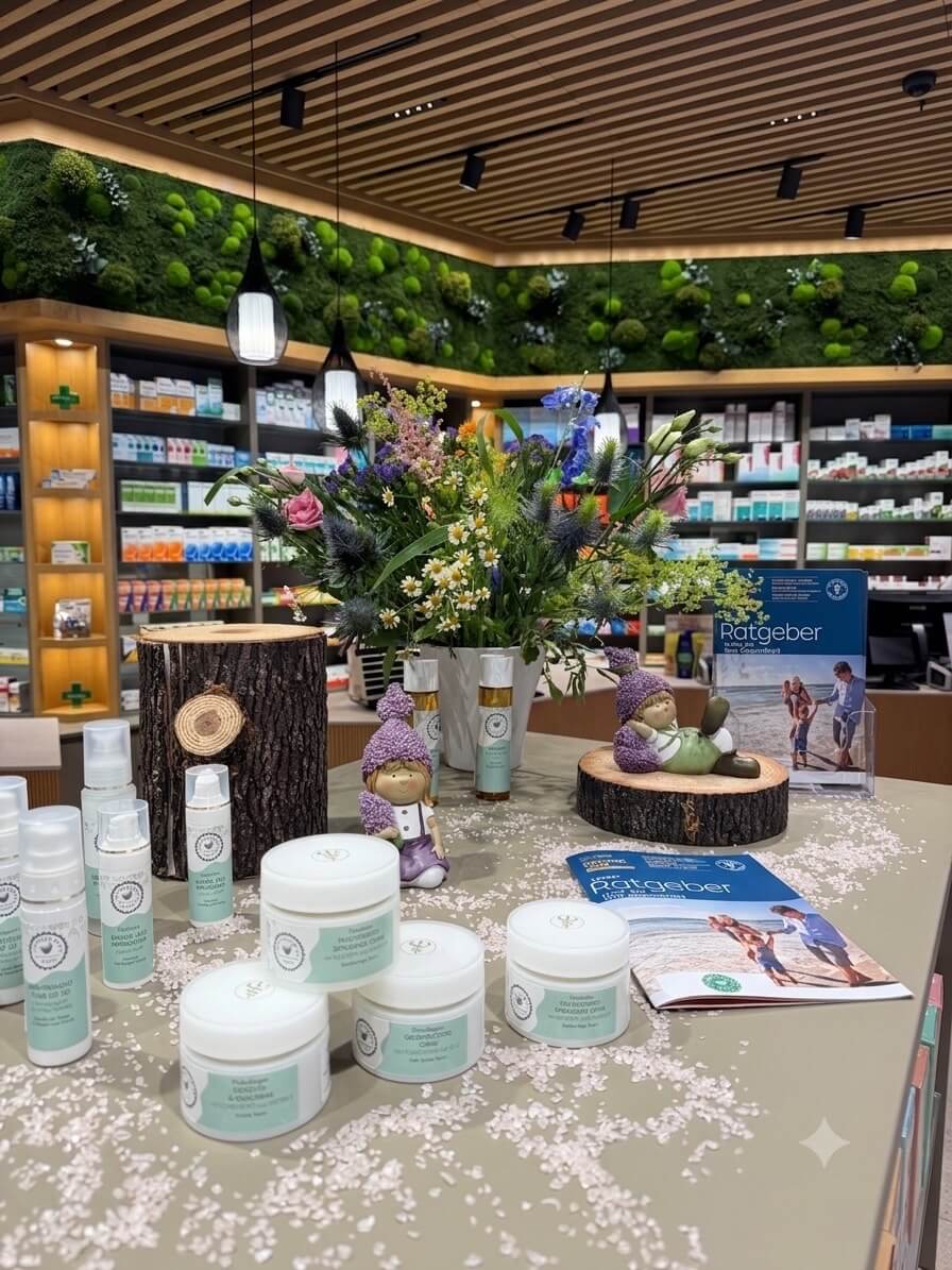 Eine Ausstellung von Hautpflegeprodukten aus der eigenen Kosmetiklinie, Blumen und Figuren auf einem Tisch in einer modernen Apotheke mit Produktregalen, Holzakzenten und einer gr&uuml;nen Pflanzenwand im Hintergrund.
